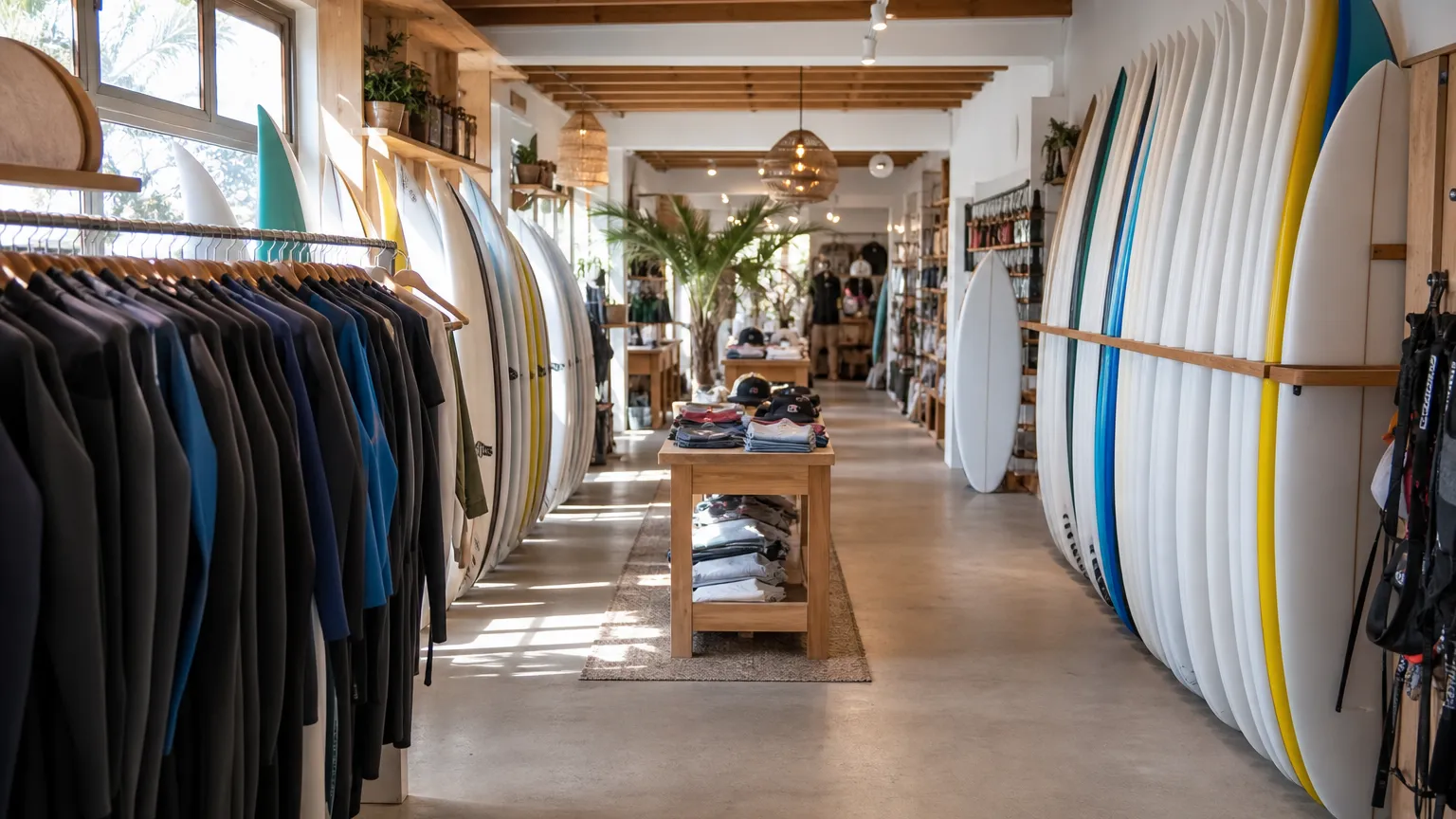 Surfboards and wetsuits neatly lined in a shop (photo goal)