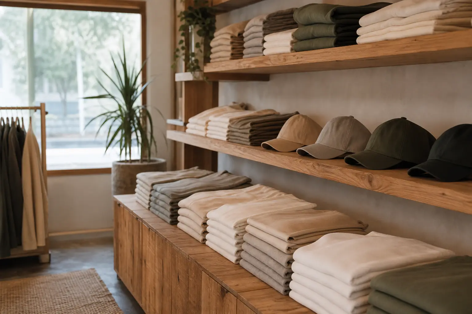 棚に畳まれたTシャツやキャップが並ぶ店内(撮影イメージ)