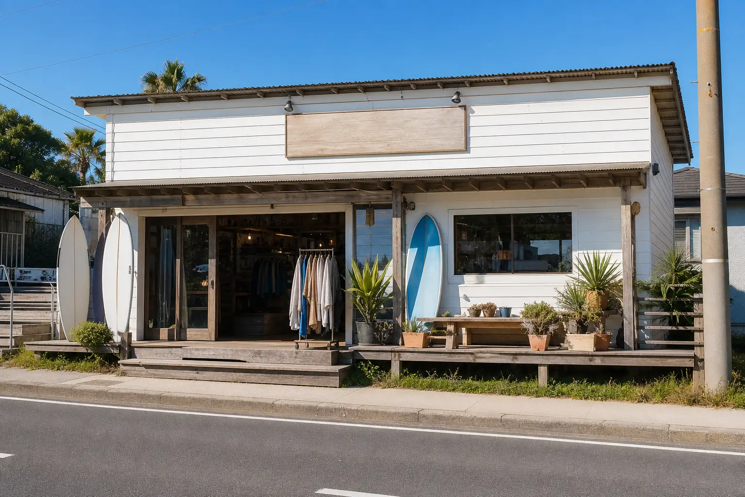 海沿いの道に面した小さなサーフショップの外観（撮影イメージ）